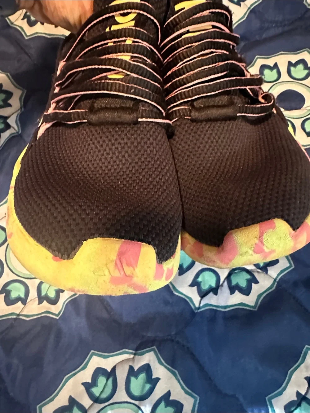 adidas Black Knit Sneakers with Neon Yellow Branding and Multicolor Sole